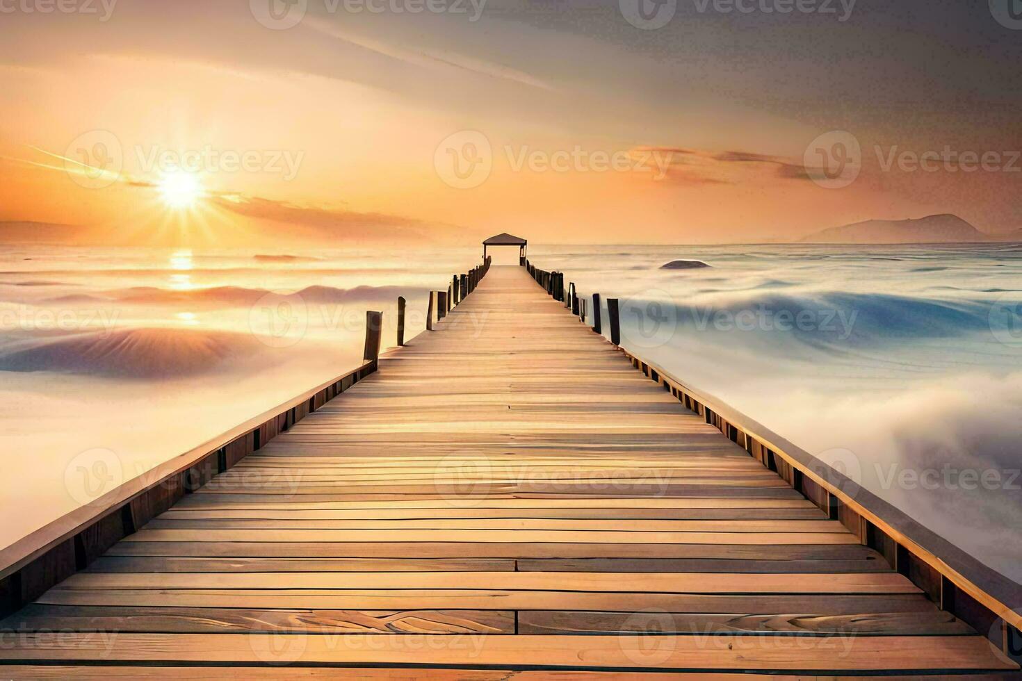a wooden pier leads to the ocean at sunset. AI-Generated photo
