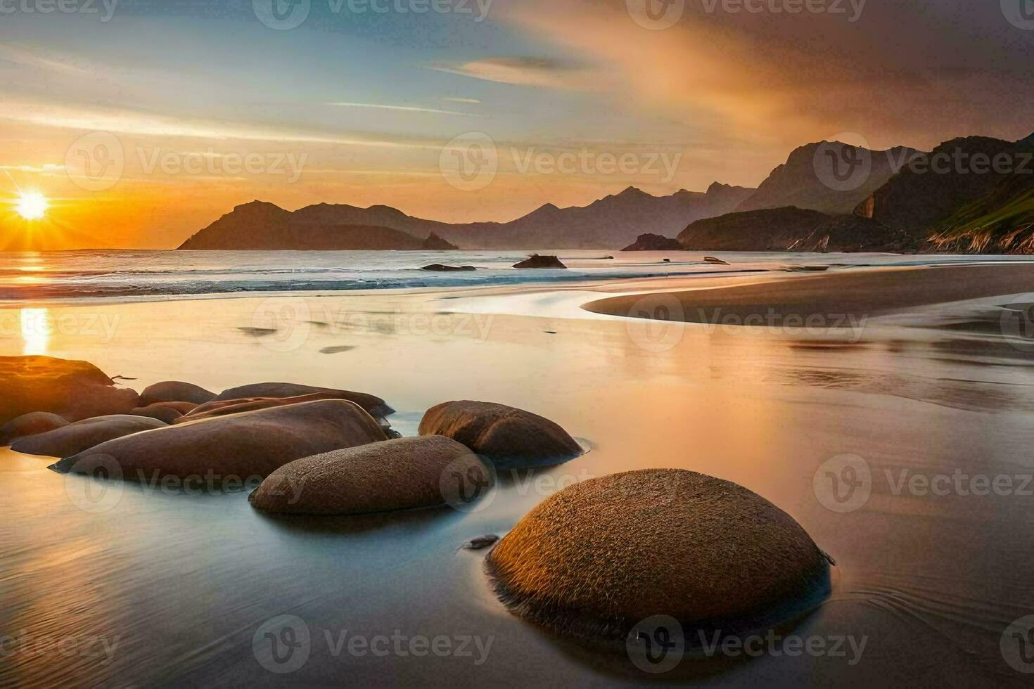 the sun sets over the ocean and rocks on the beach. AI-Generated photo