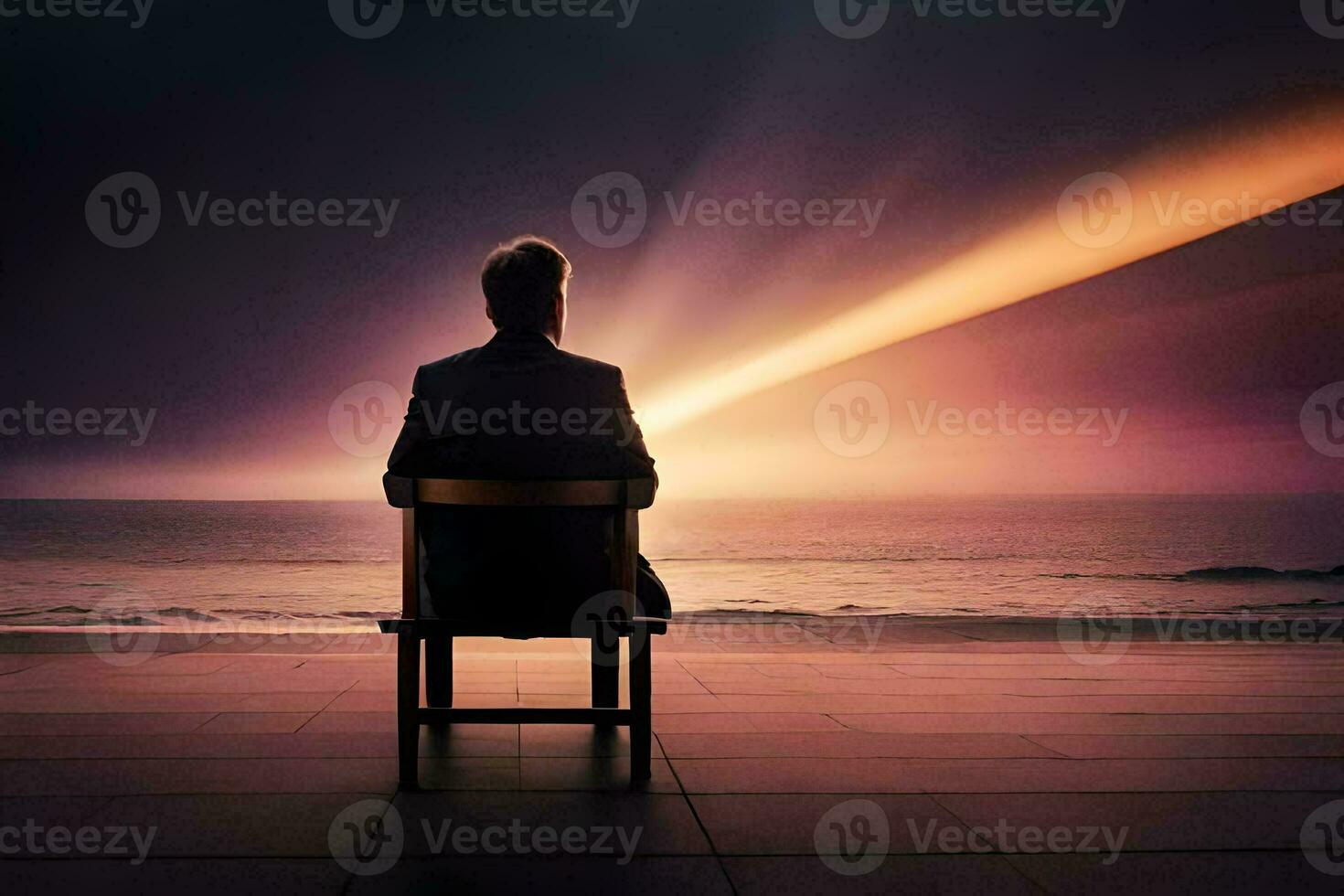 a man sits on a chair looking out at the ocean. AI-Generated photo