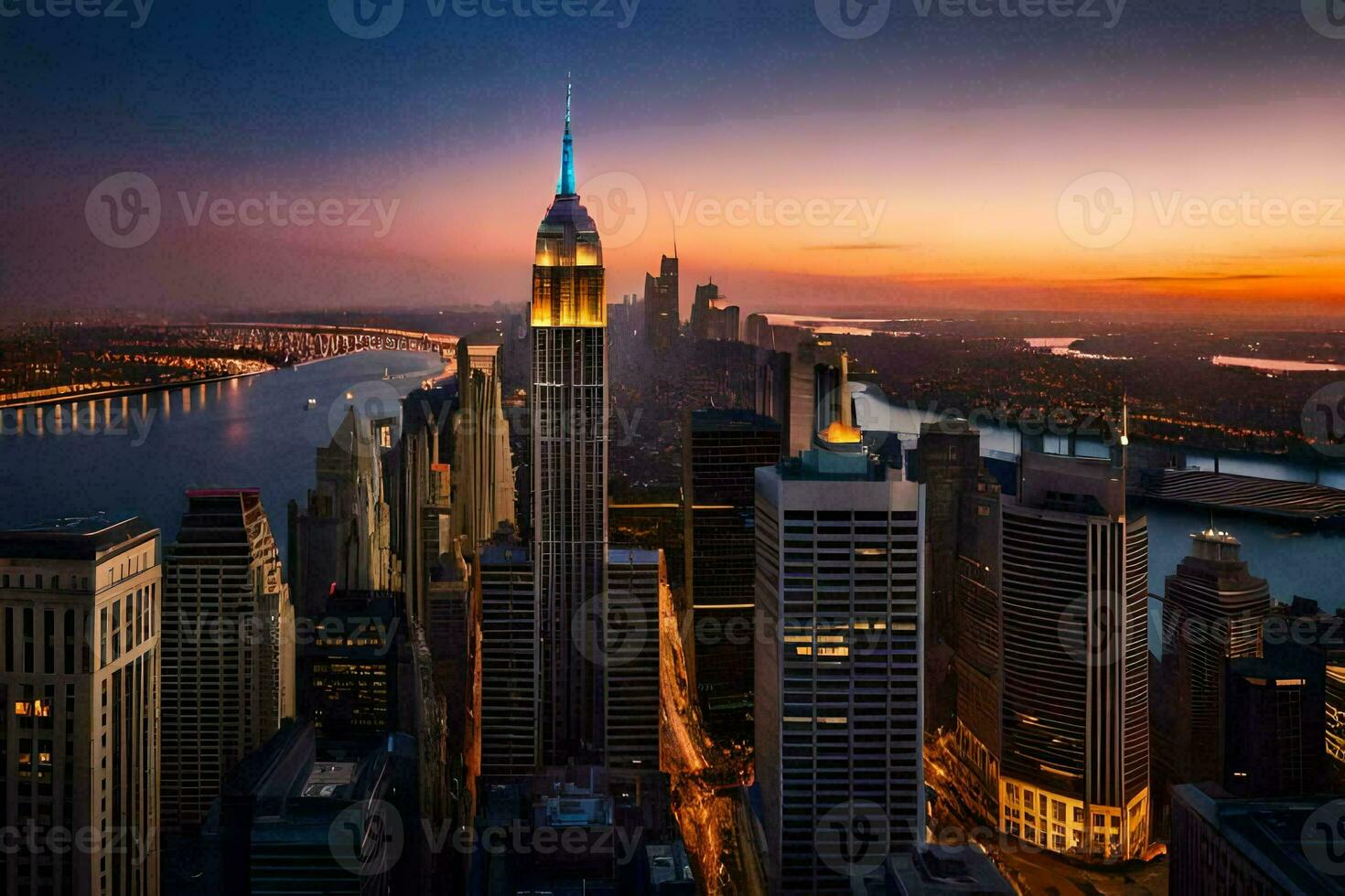 the empire state building is seen at sunset. AI-Generated photo