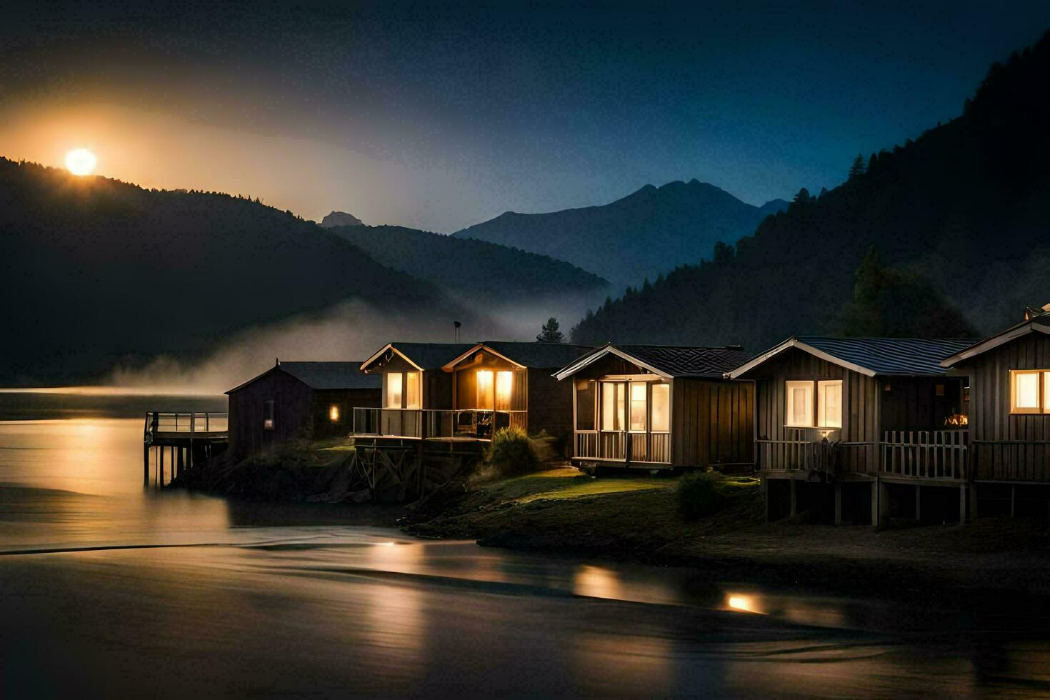 the moon rises over the lake and cabins at night. AI-Generated photo