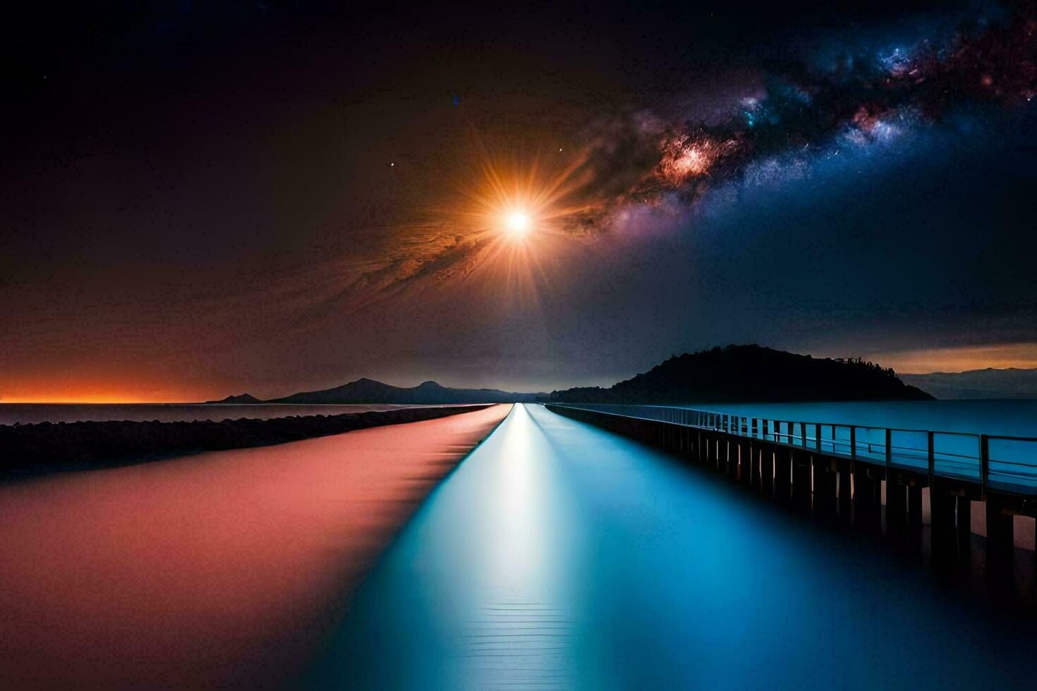 a long pier with the milky in the sky. AI-Generated photo