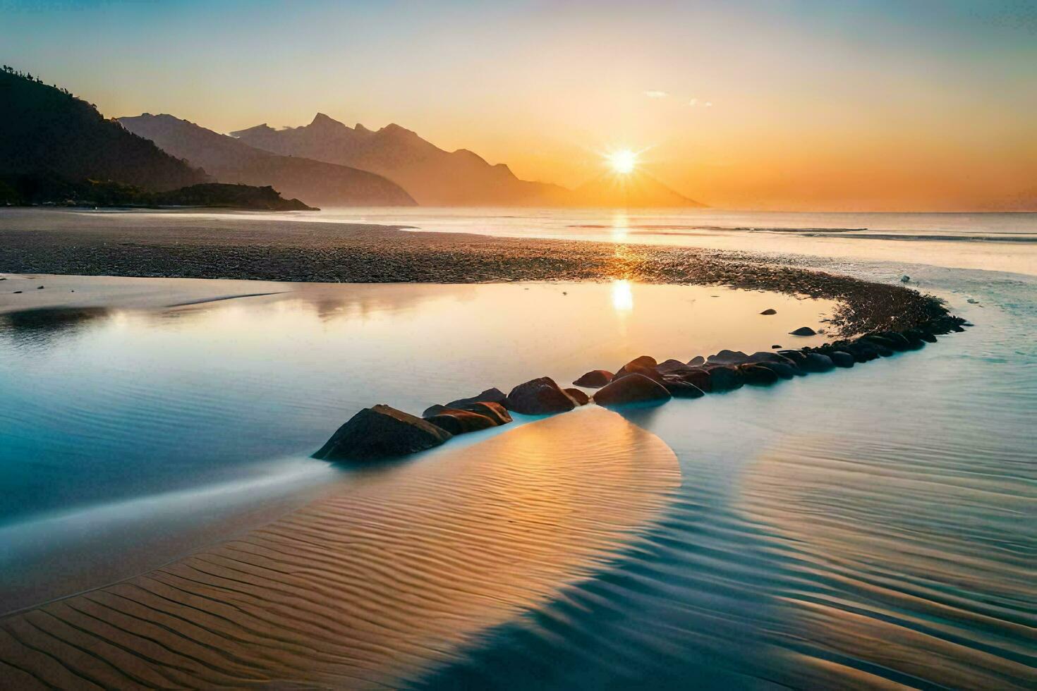 the sun sets over a beach with rocks and water. AI-Generated photo