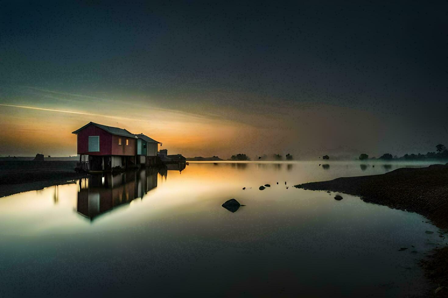 a small red house sits on the shore of a lake at sunrise. AI-Generated photo