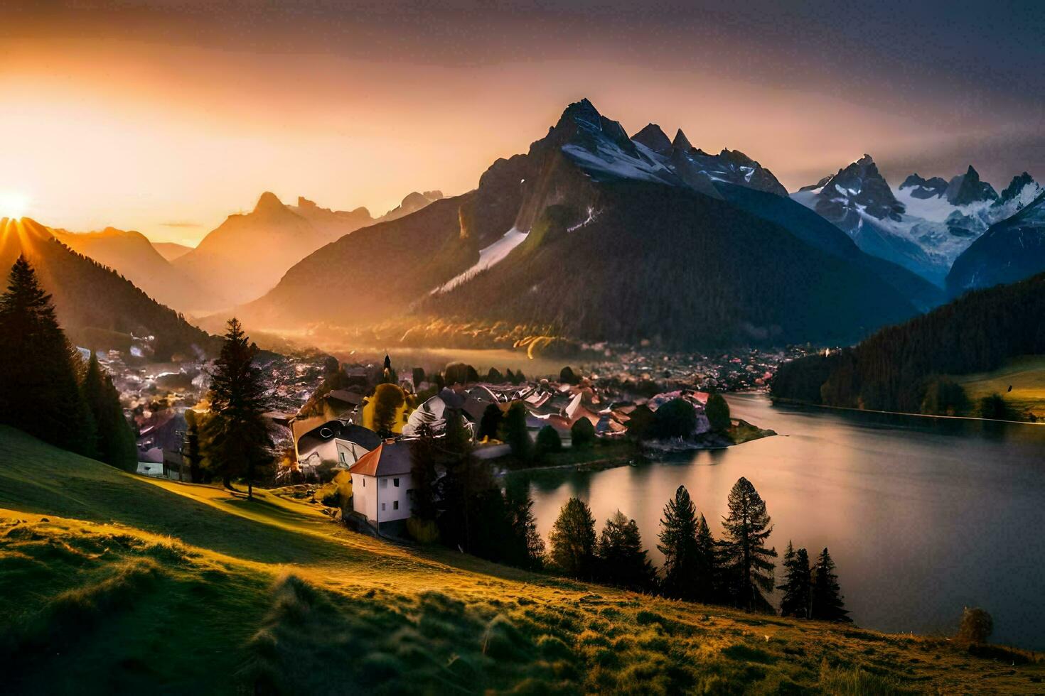 the sun sets over a lake and mountains in the background. AI-Generated photo