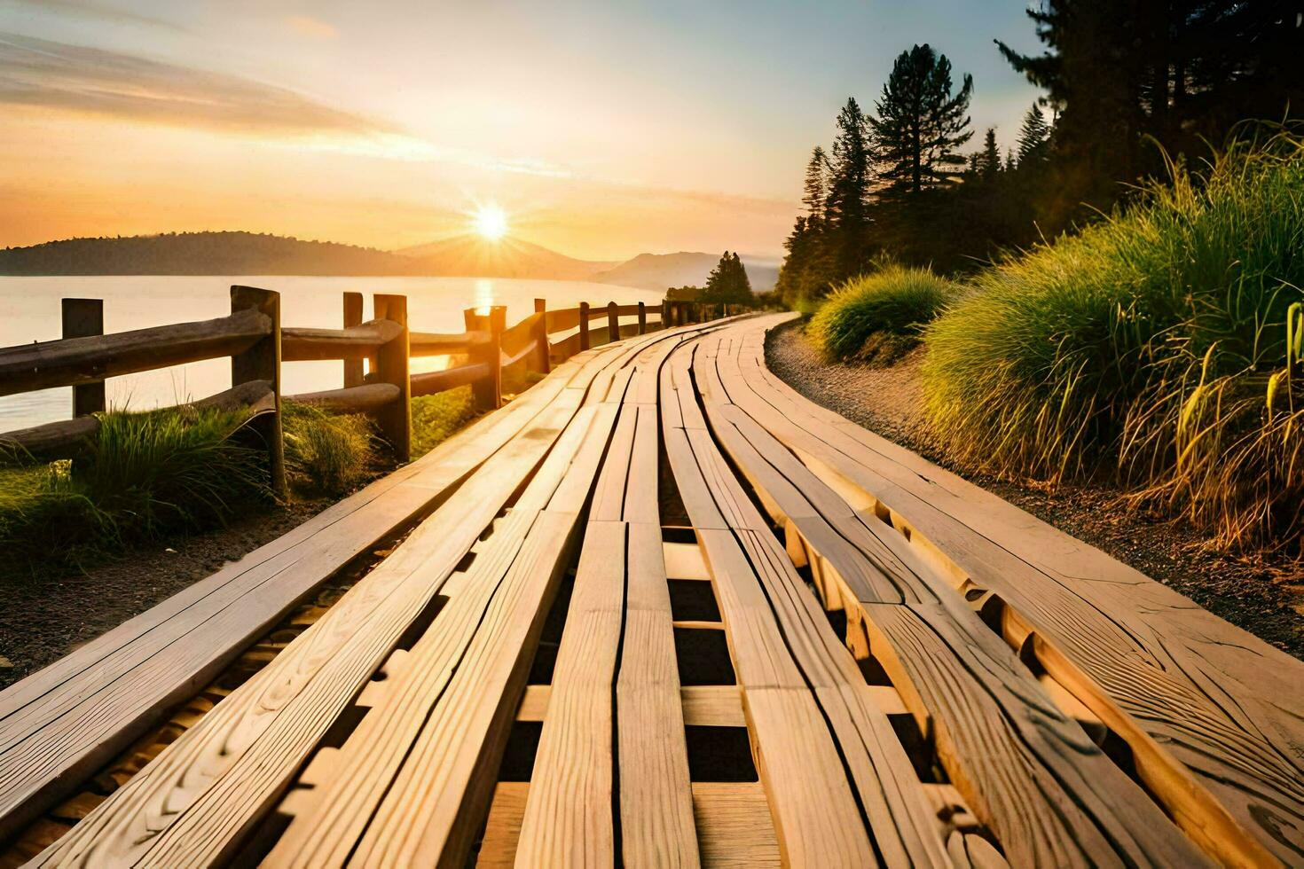 a wooden boardwalk leads to the water at sunset. AI-Generated photo