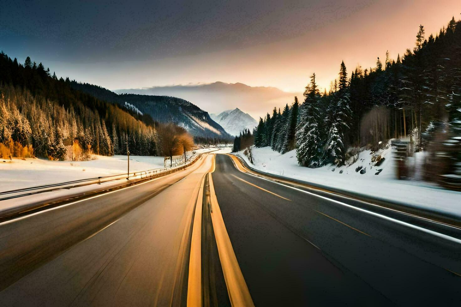 un autopista en el invierno con nieve en el suelo. generado por ai foto