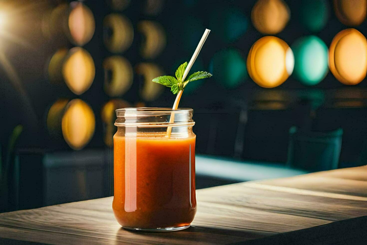 un vaso de jugo con un Paja en un de madera mesa. generado por ai foto