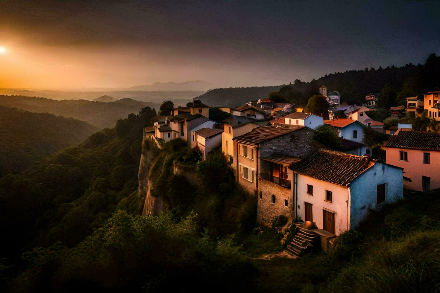 foto fondo de pantalla el cielo, montañas, atardecer, el sol, el montañas, casas, el aldea. generado por ai