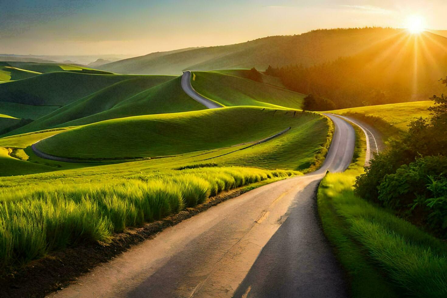 the sun rises over a winding road in the middle of a green valley. AI-Generated photo