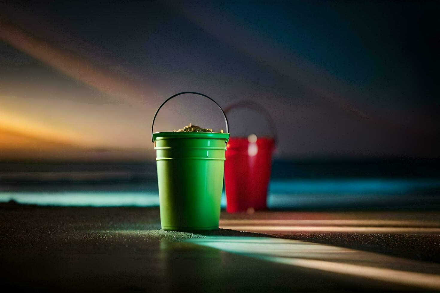 two buckets on the beach at sunset. AI-Generated photo