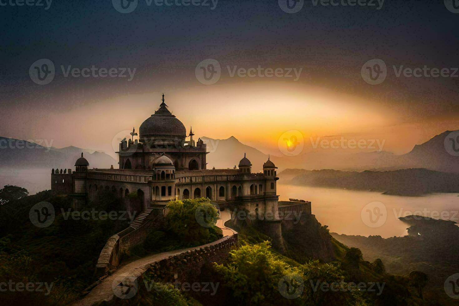 the sun sets over a beautiful temple on top of a mountain. AI-Generated photo