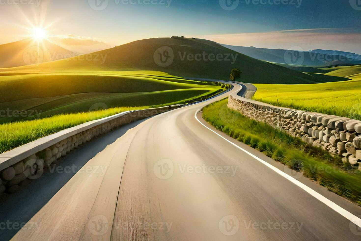 a road in the countryside with the sun setting. AI-Generated photo