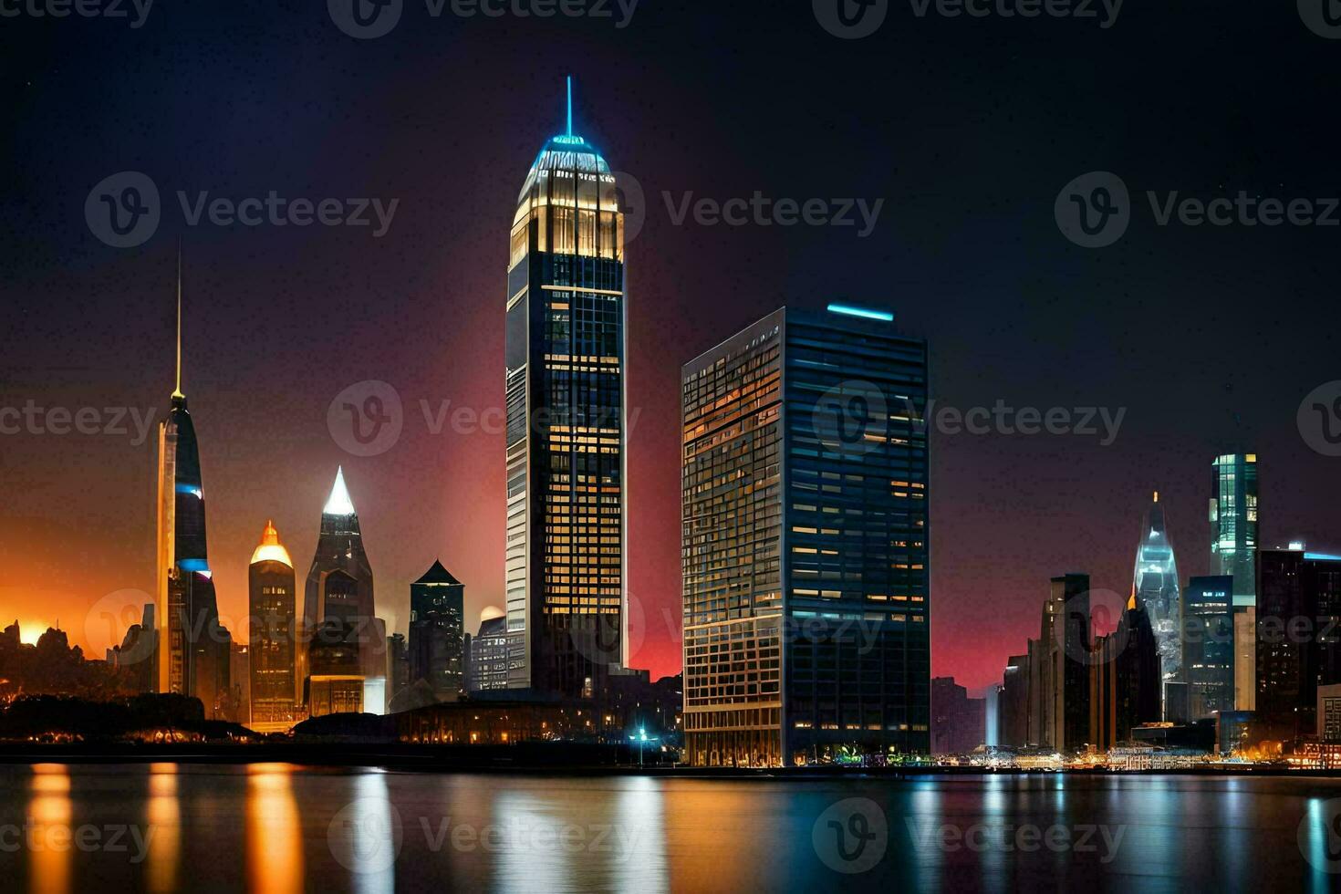 the city skyline at night with lights reflecting off the water. AI-Generated photo