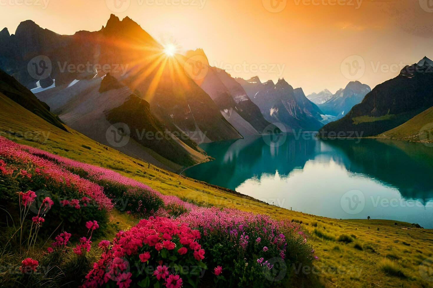 the sun rises over the mountains and lake in this beautiful landscape. AI-Generated photo