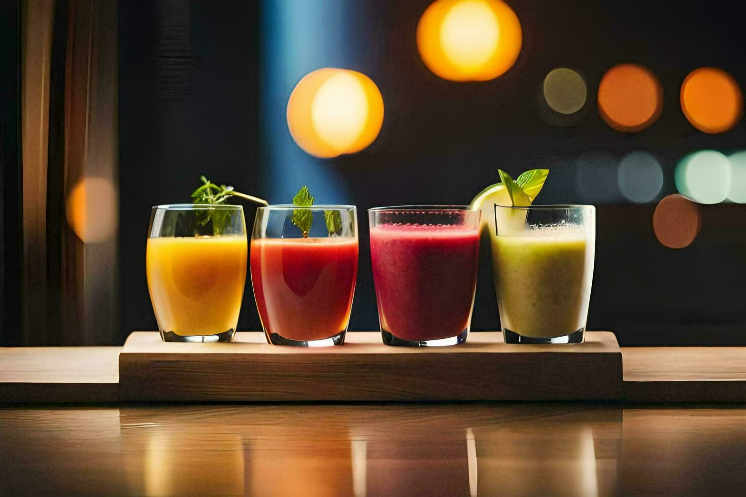 four different juices in glasses on a wooden tray. AI-Generated photo