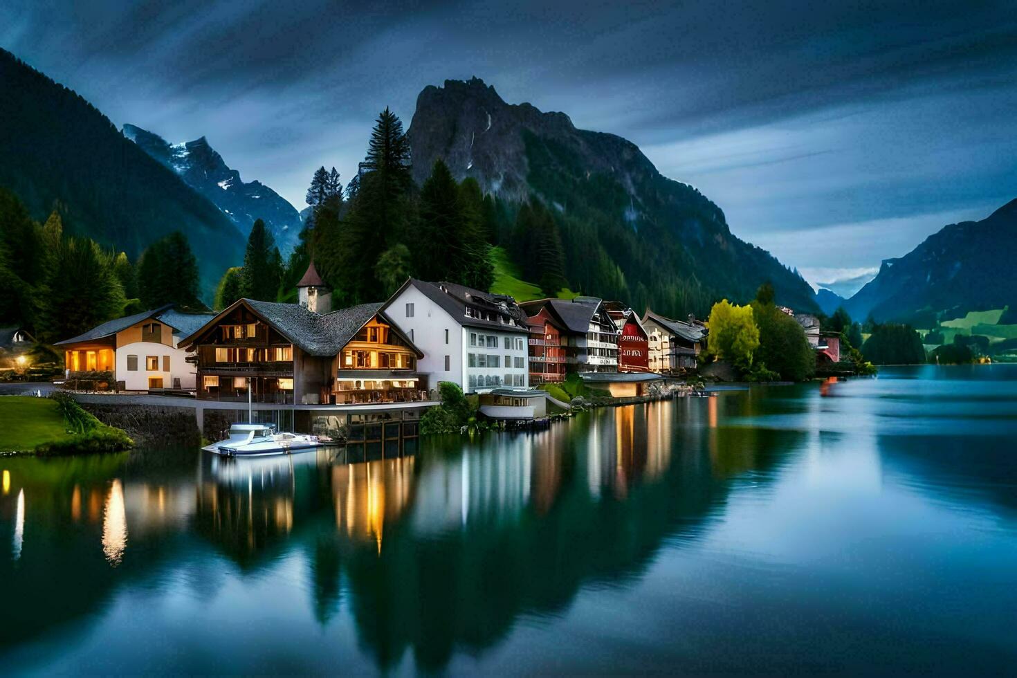 un lago y casas en el montañas a noche. generado por ai foto