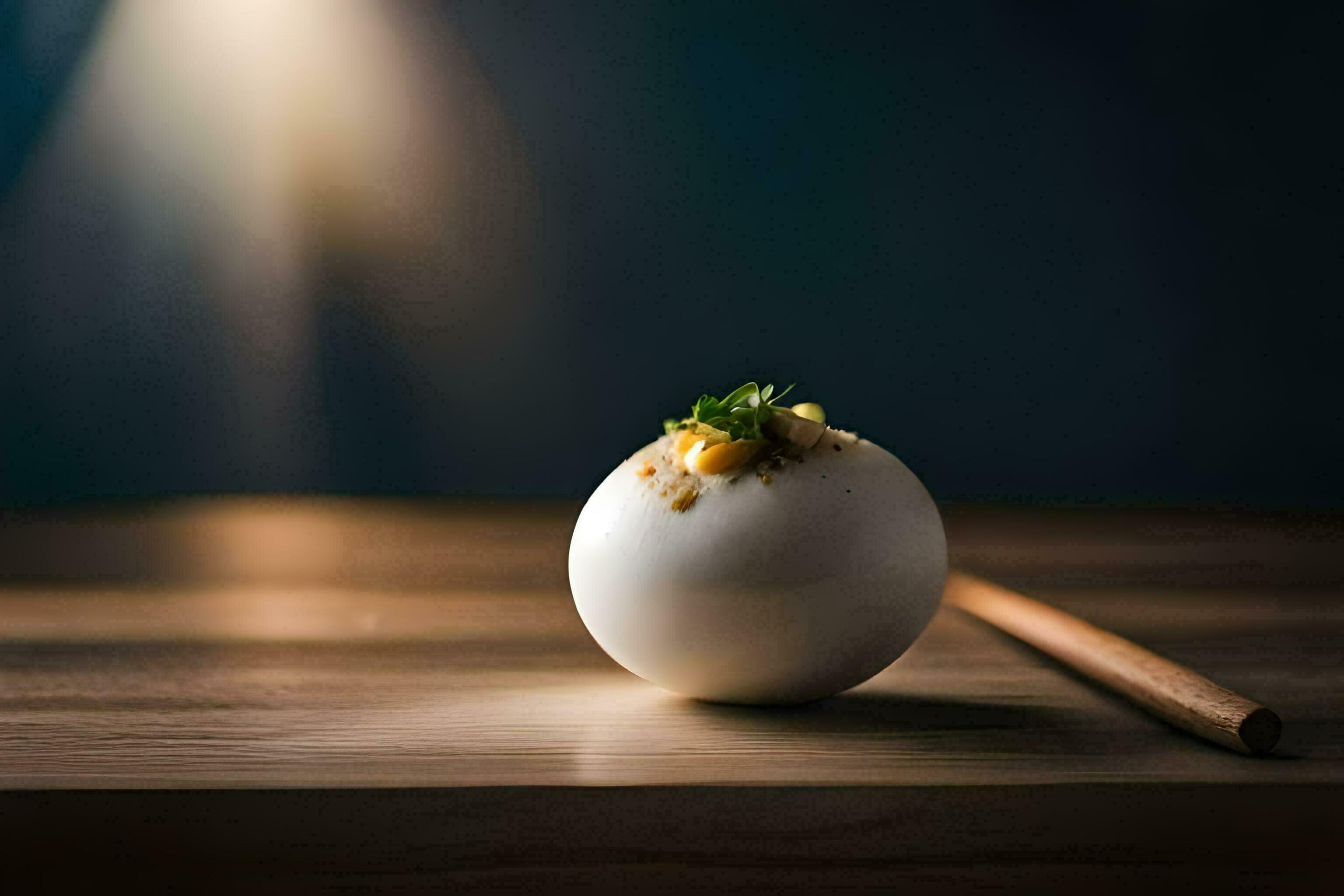 a white egg with a chopstick on top. AIGenerated 33414710 Stock Photo