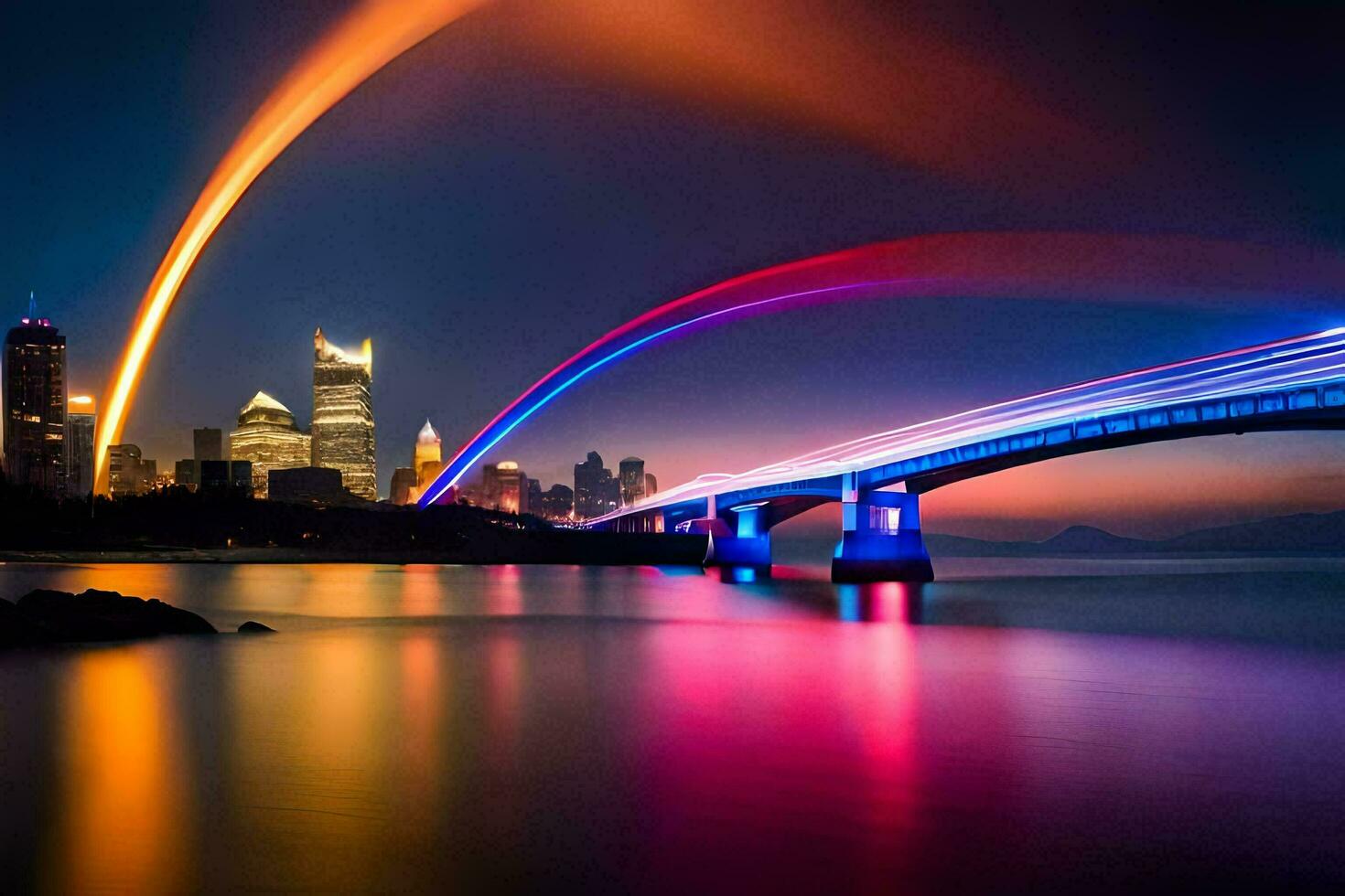 a rainbow bridge over water with city lights in the background. AI-Generated photo