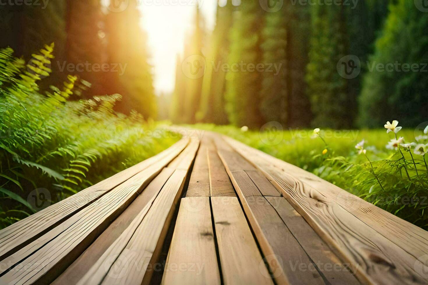 wooden path in the forest. AI-Generated photo