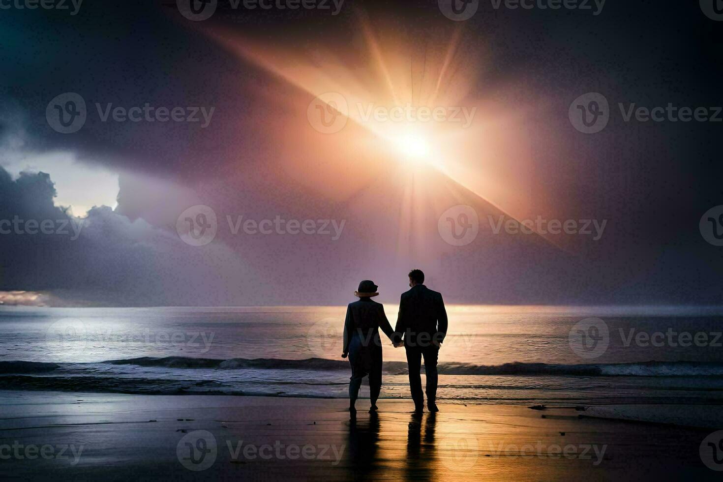 two people stand on the beach holding hands. AI-Generated photo