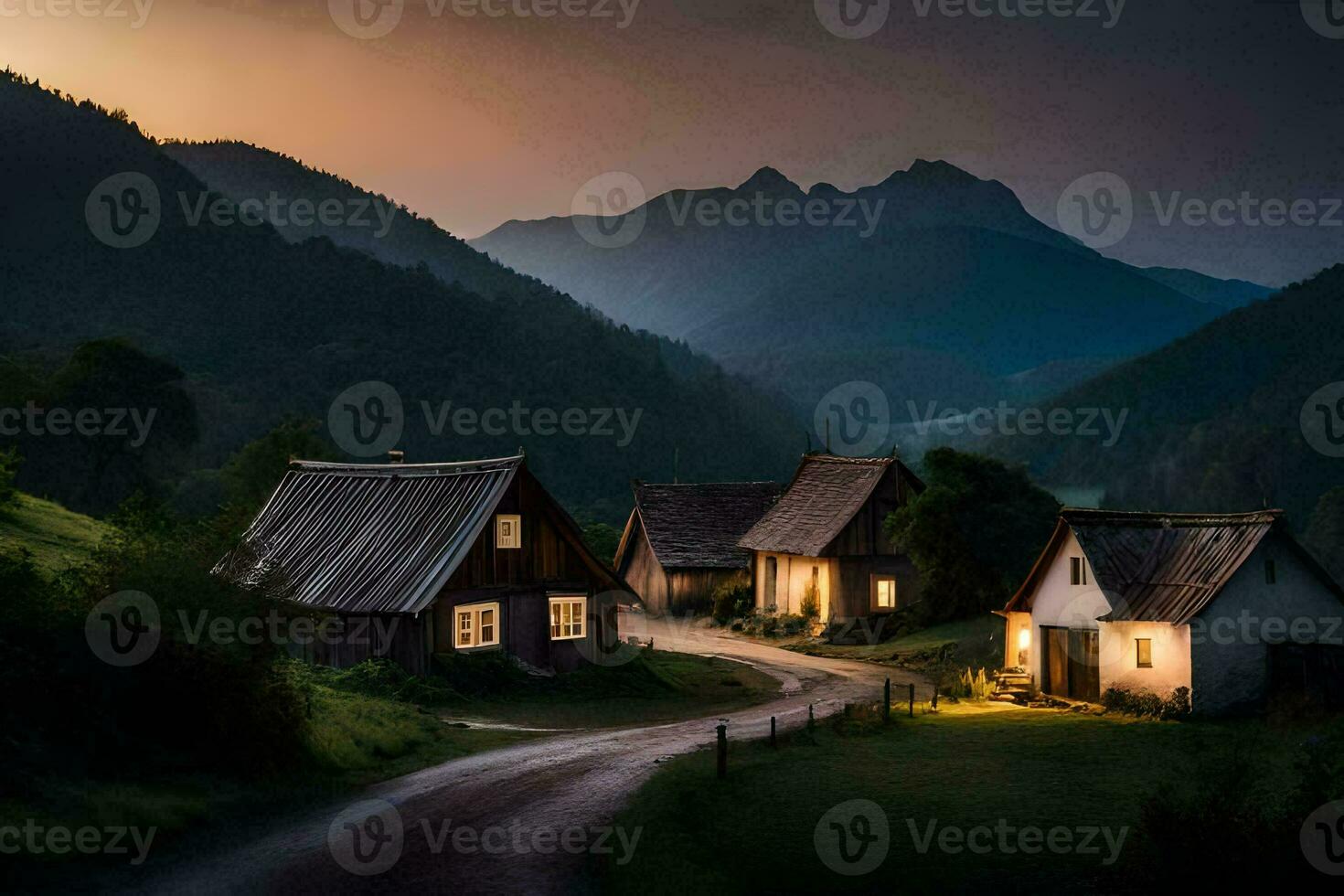 photo wallpaper the sky, mountains, road, house, light, the sun, the mountains,. AI-Generated