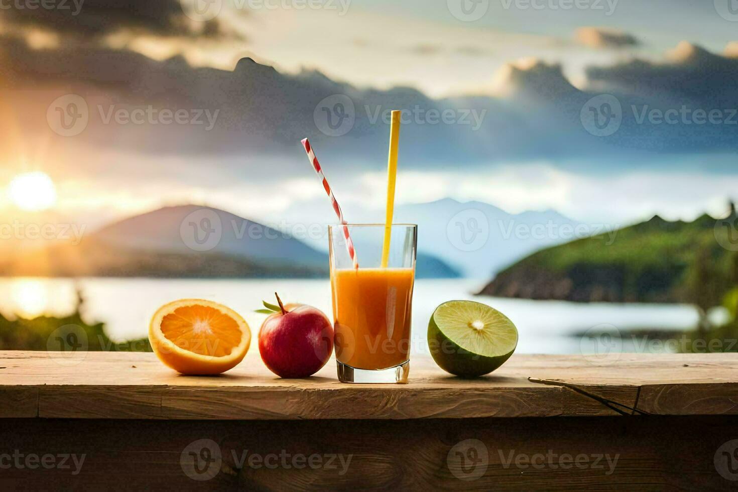 a glass of juice and fruit on a table with a sunset in the background. AI-Generated photo