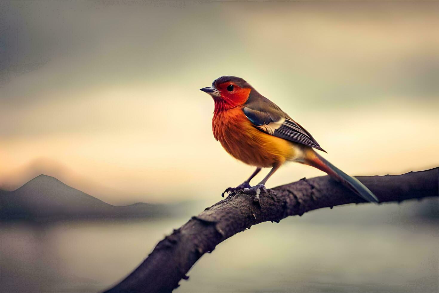 a red and orange bird sitting on a branch. AI-Generated photo