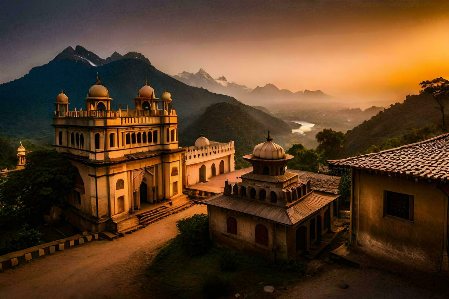 the sun sets over a beautiful building in the mountains. AI-Generated photo