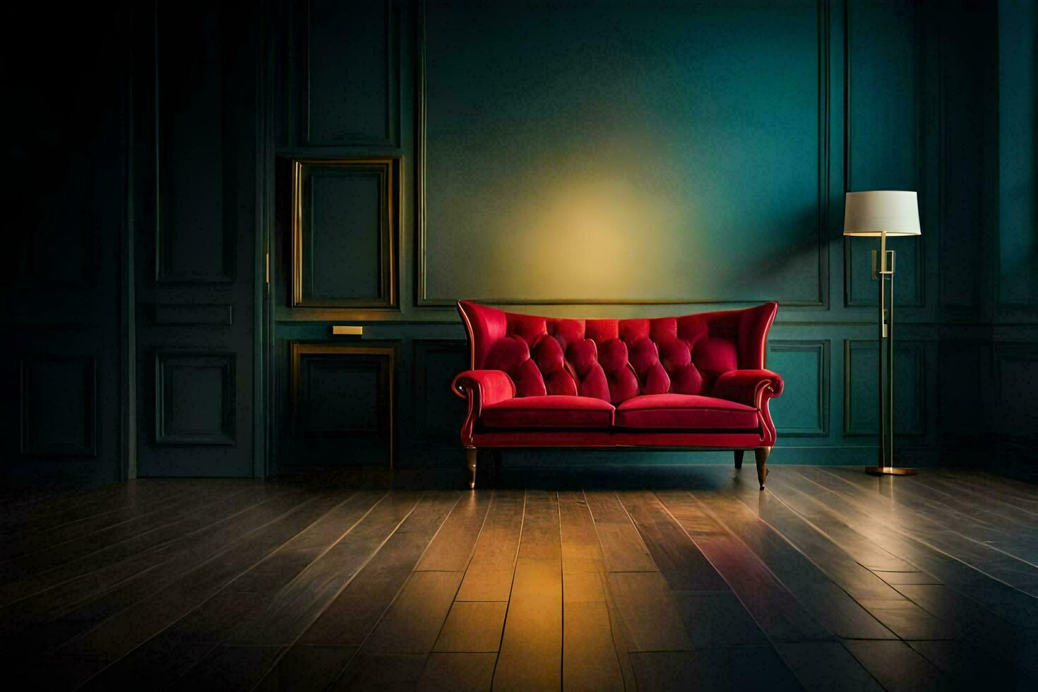 a red couch in an empty room. AI-Generated photo
