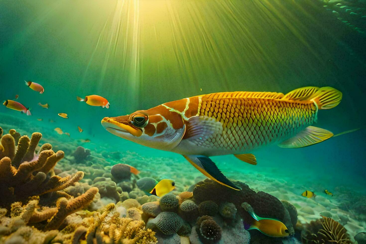 un pescado nadando en el Oceano con luz de sol brillante. generado por ai foto