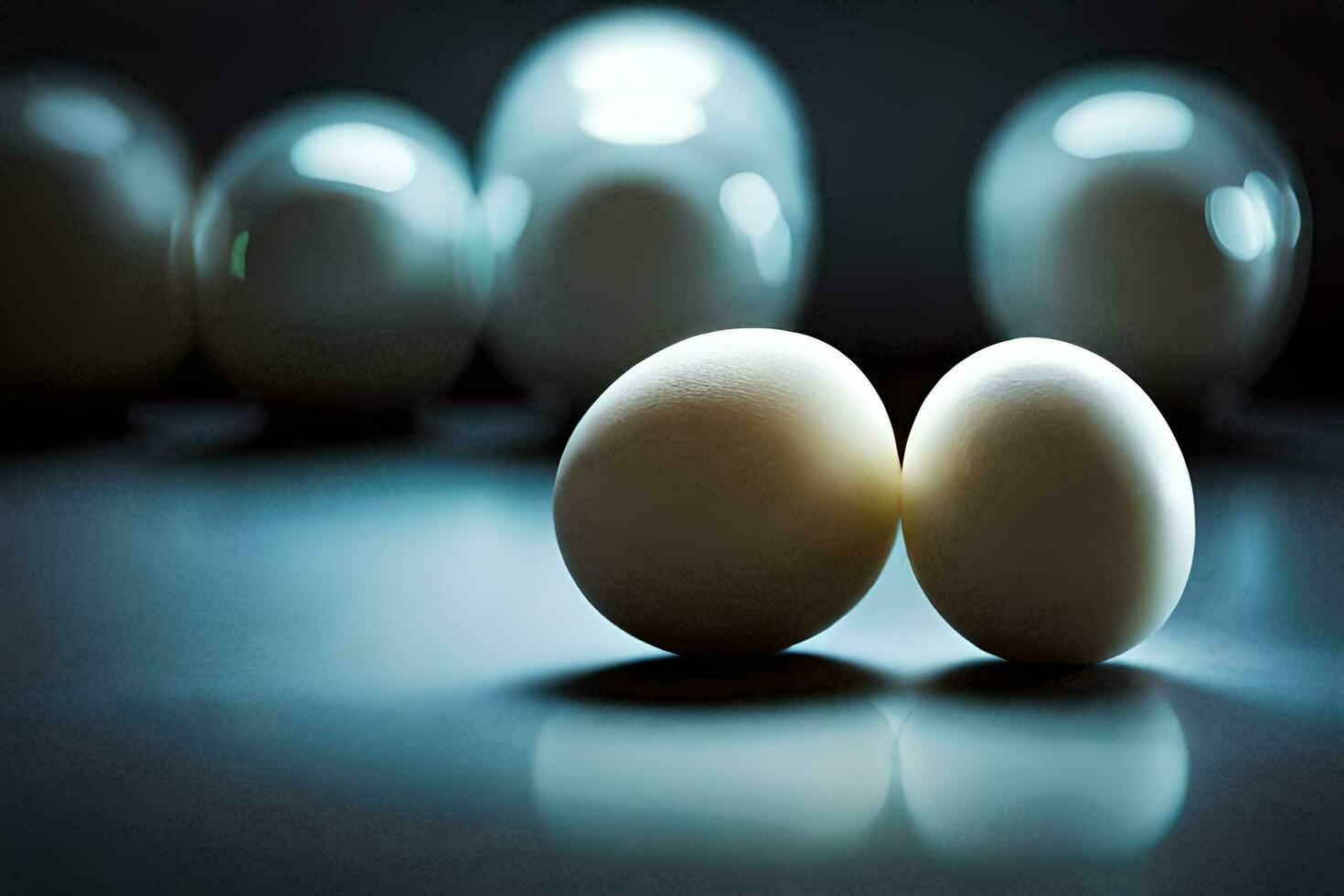 two eggs are sitting on a table with a blurry background. AI-Generated photo