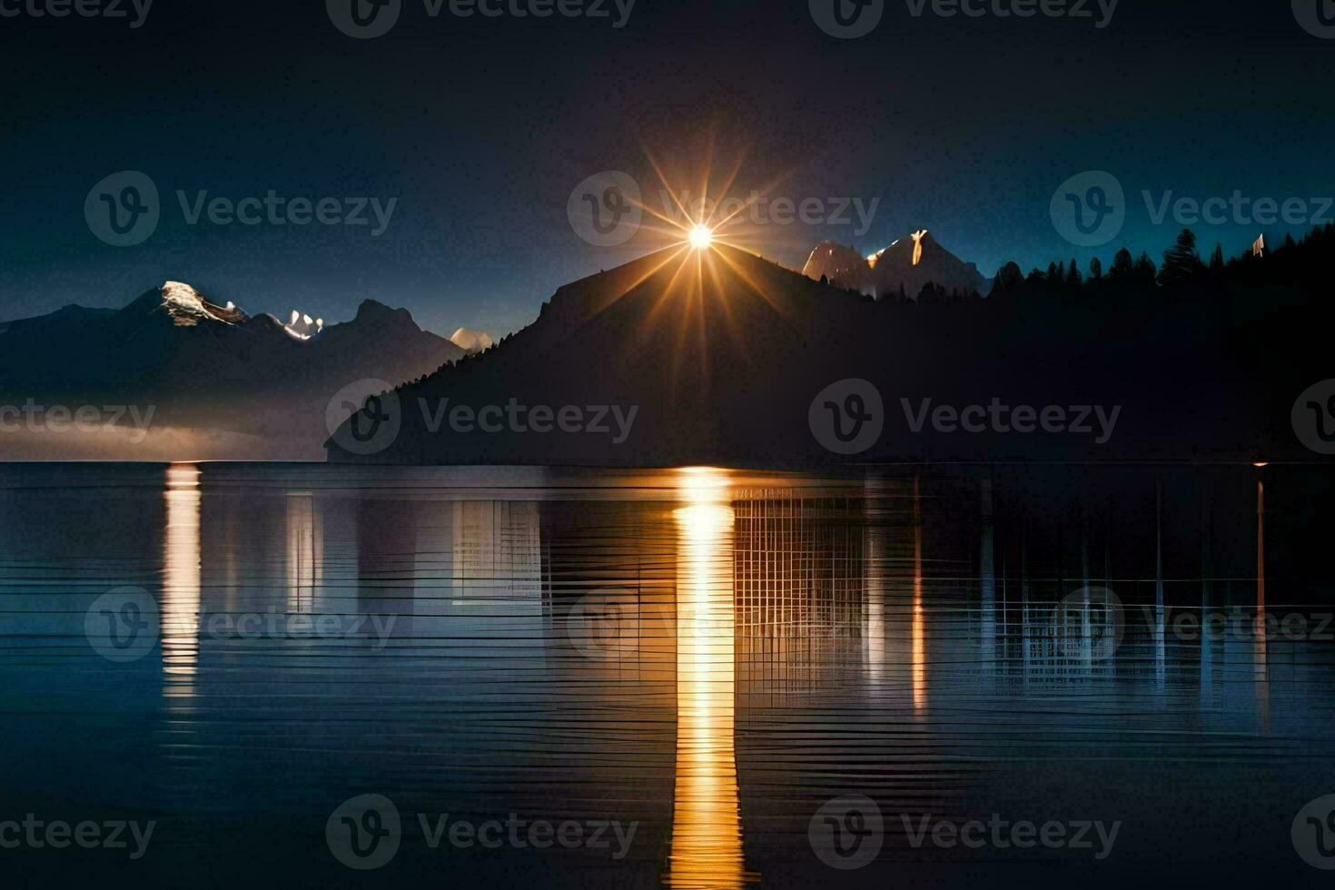 the sun shines over a mountain range and lake. AI-Generated photo