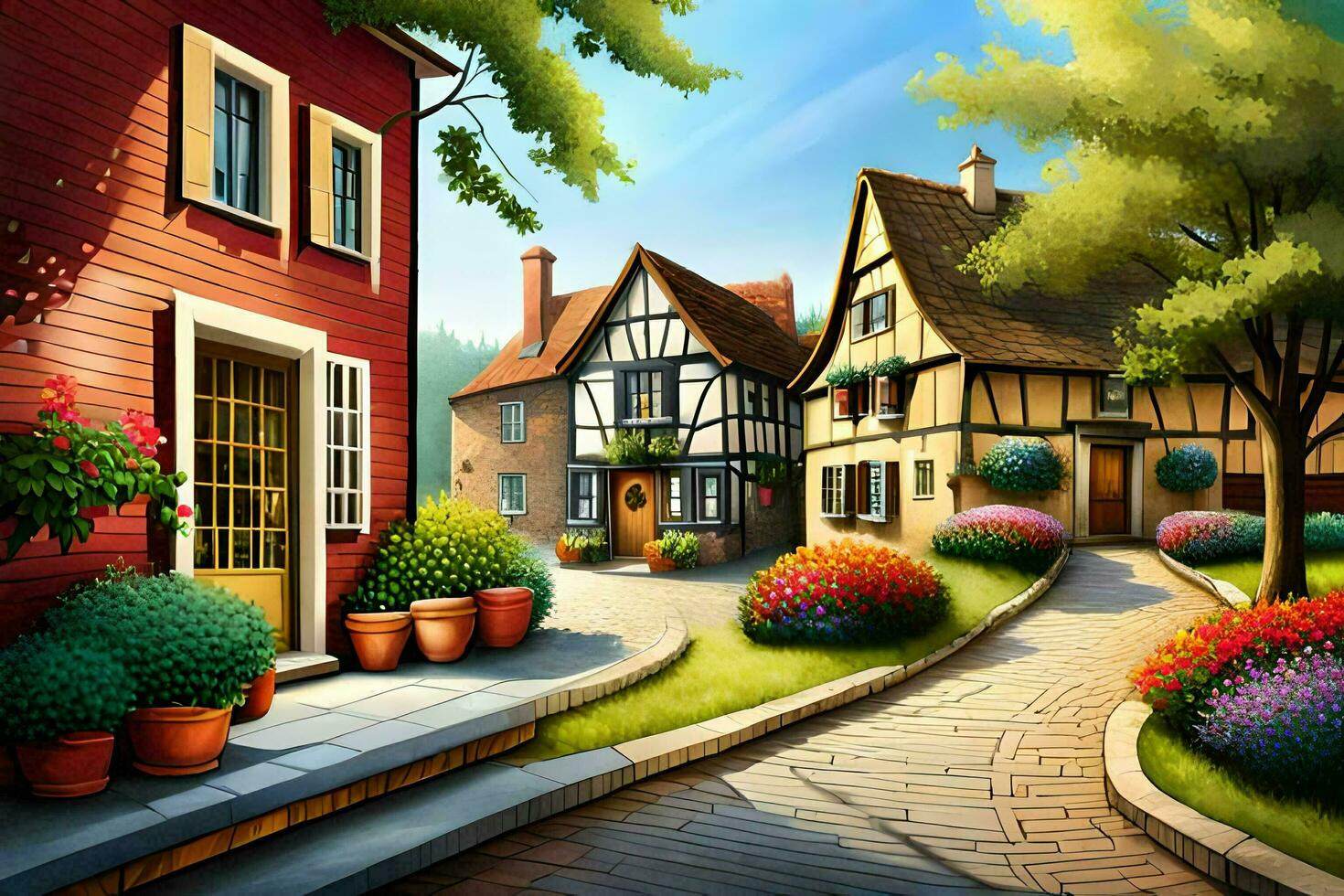 a painting of a street in a small town. AI-Generated photo