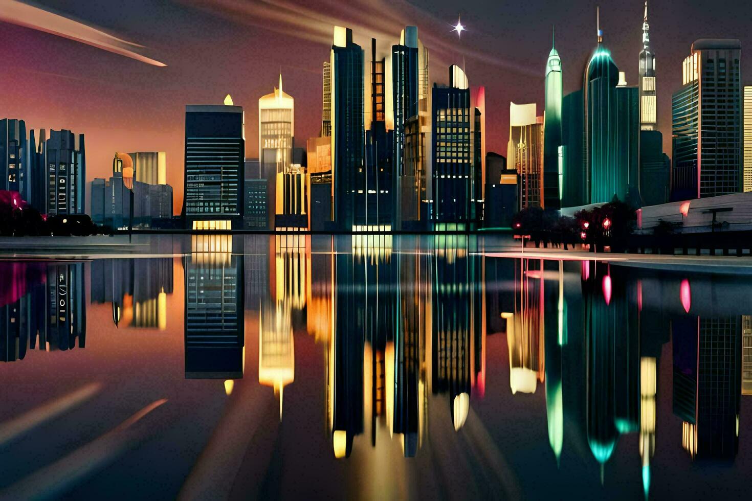 a city at night with bright lights reflecting in the water. AI-Generated photo