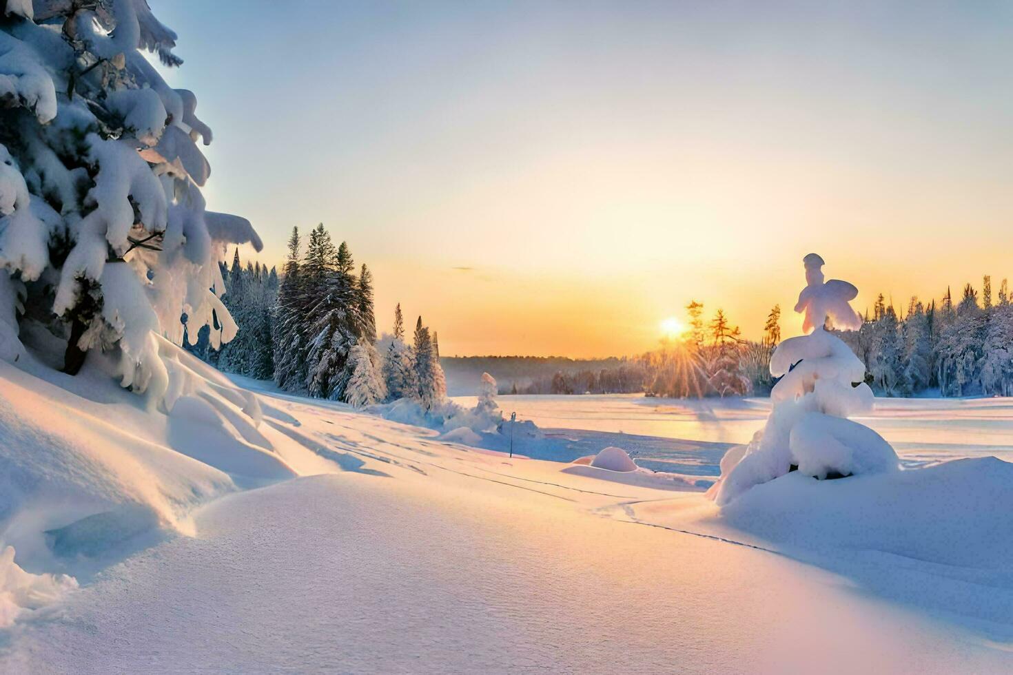 photo wallpaper the sky, snow, trees, the sun, winter, the forest, the sun. AI-Generated