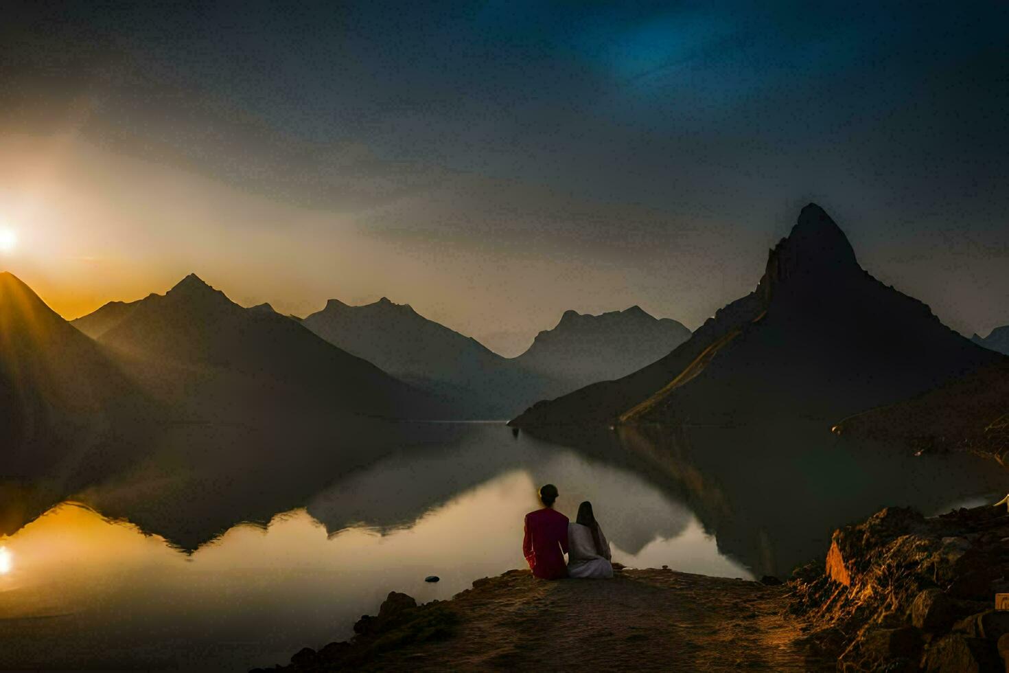 un Pareja sentado en el borde de un lago a puesta de sol. generado por ai foto