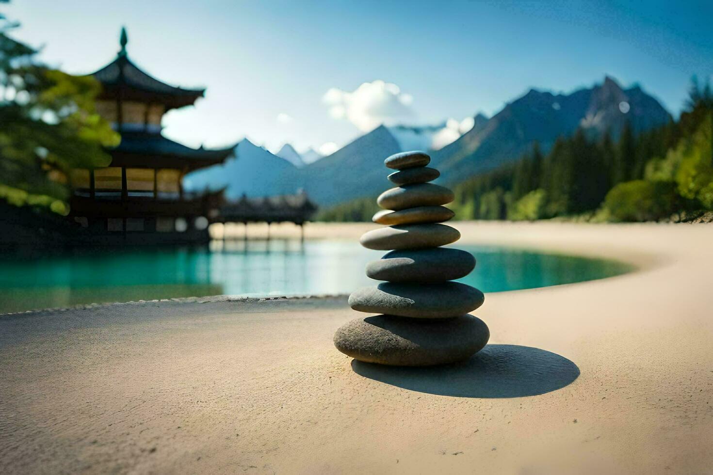 a stack of stones sits on the sand near a lake. AI-Generated photo