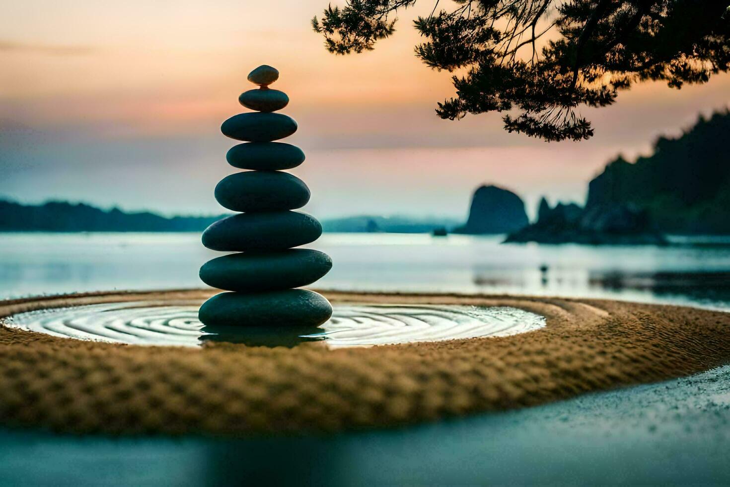a stack of rocks in the water at sunset. AI-Generated photo
