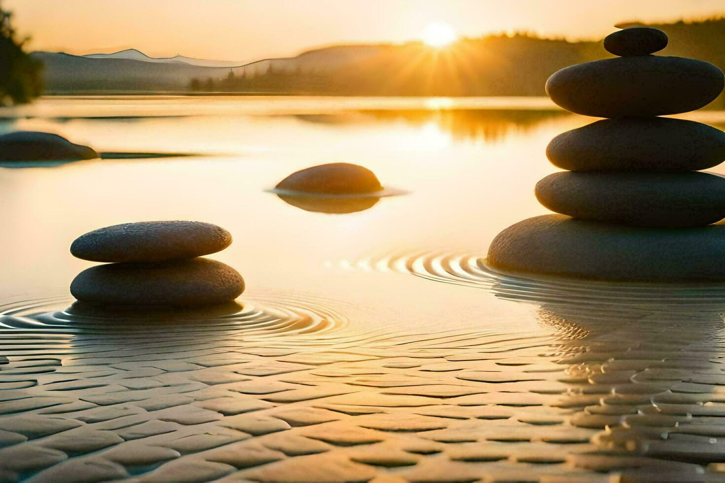 zen piedras en el agua a puesta de sol. generado por ai foto