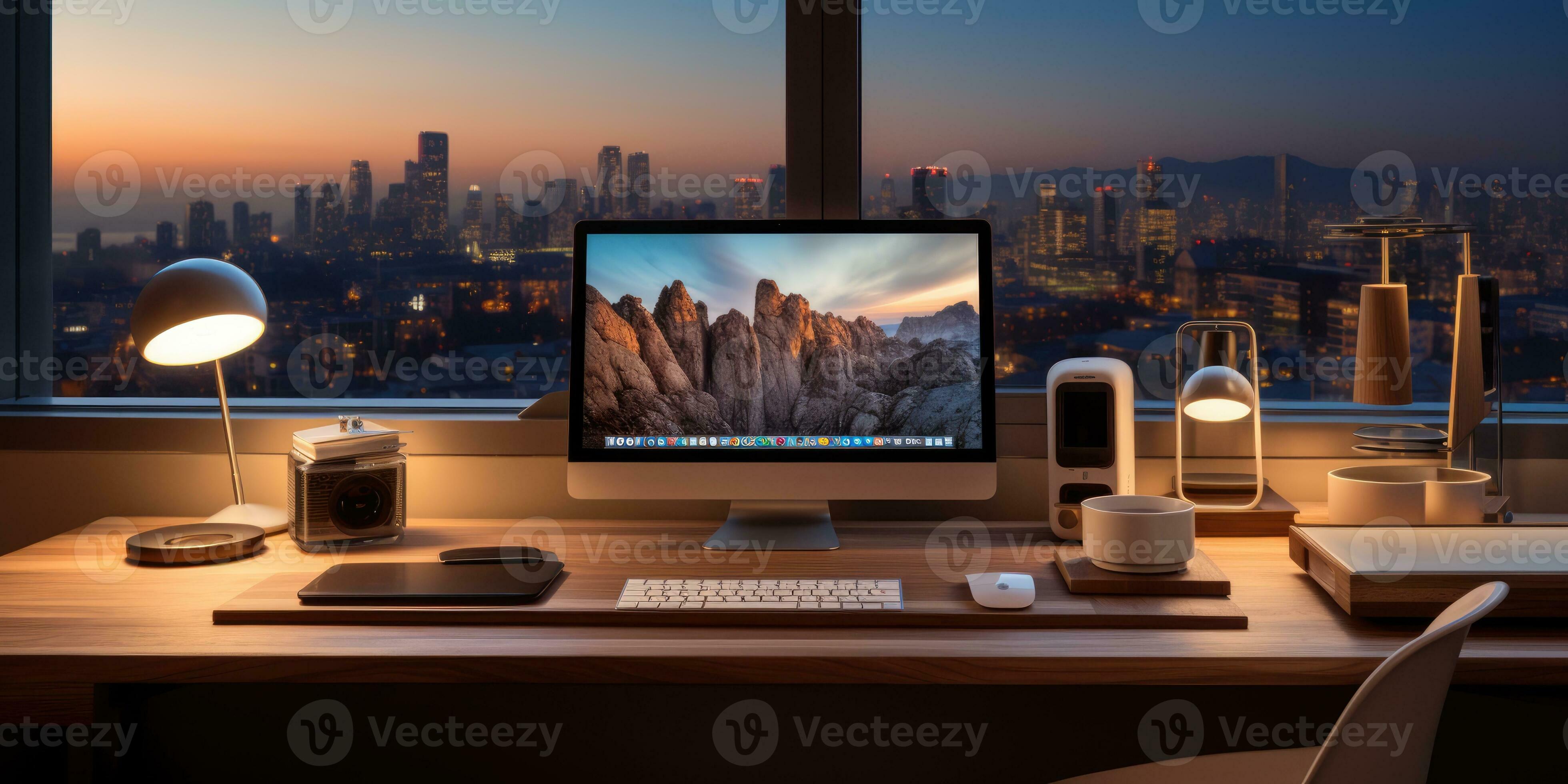 minimalist work space computer with very luxurious wooden components