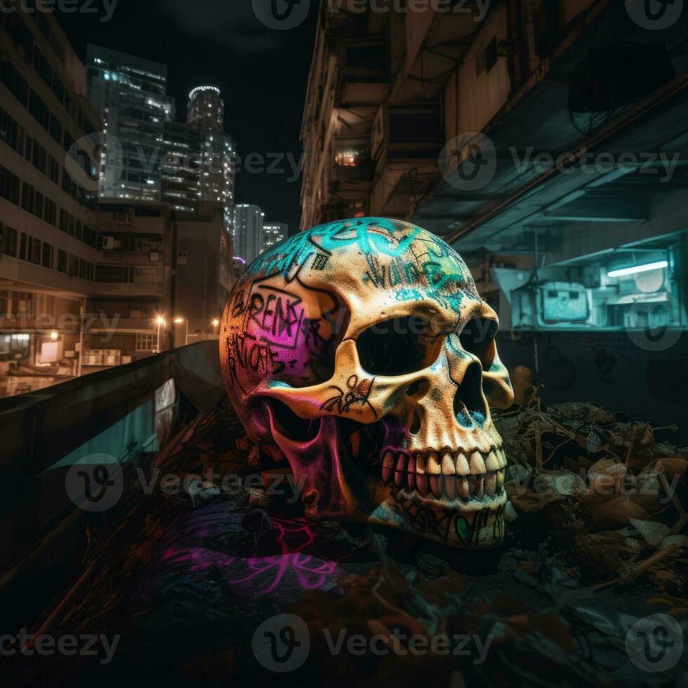 In the depths of a cyberpunk city, a robotic skull rests on a graffiti covered rooftop, AI Generative photo