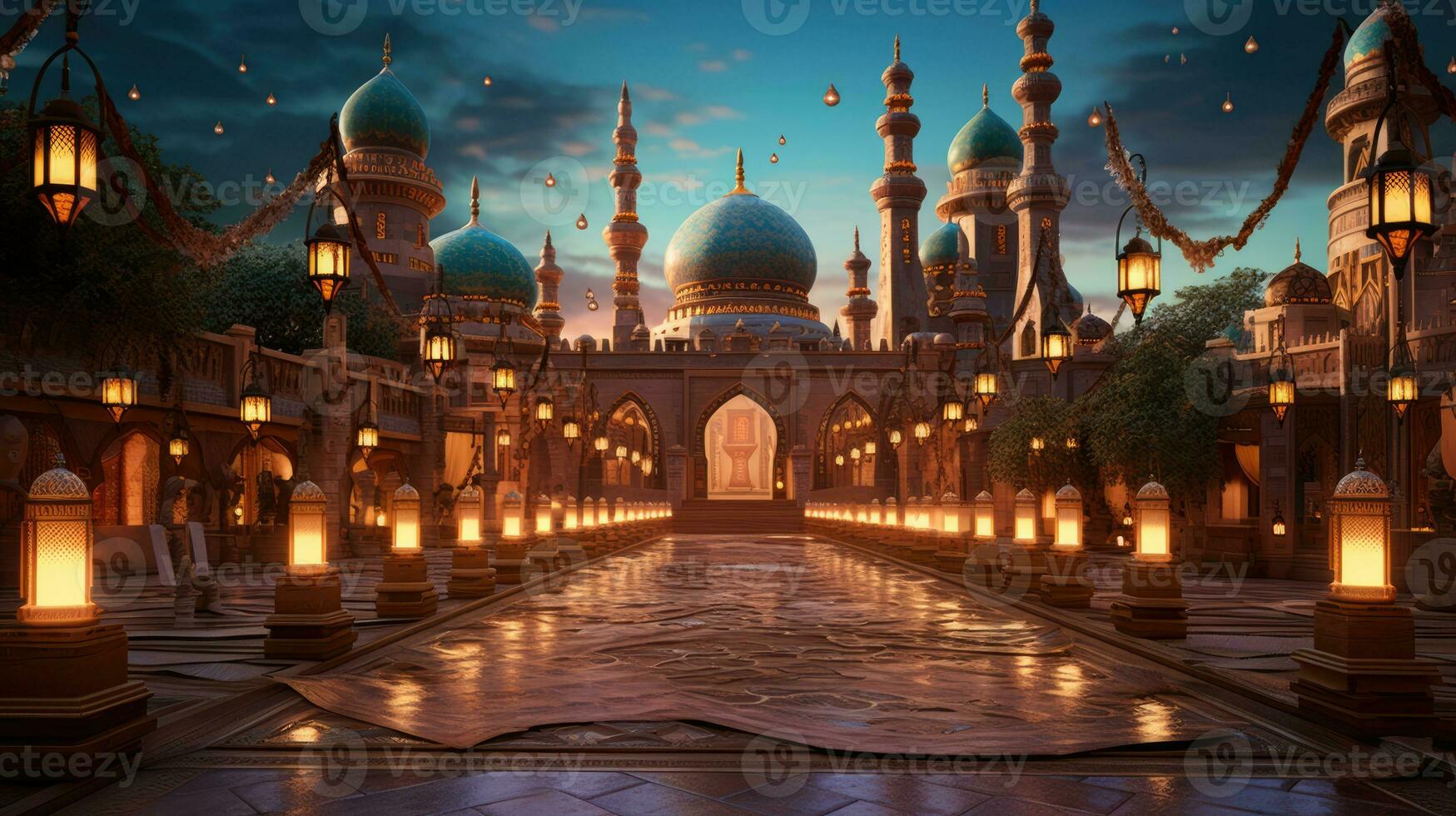 a picture of a mosque adorned with lanterns, AI Generative photo