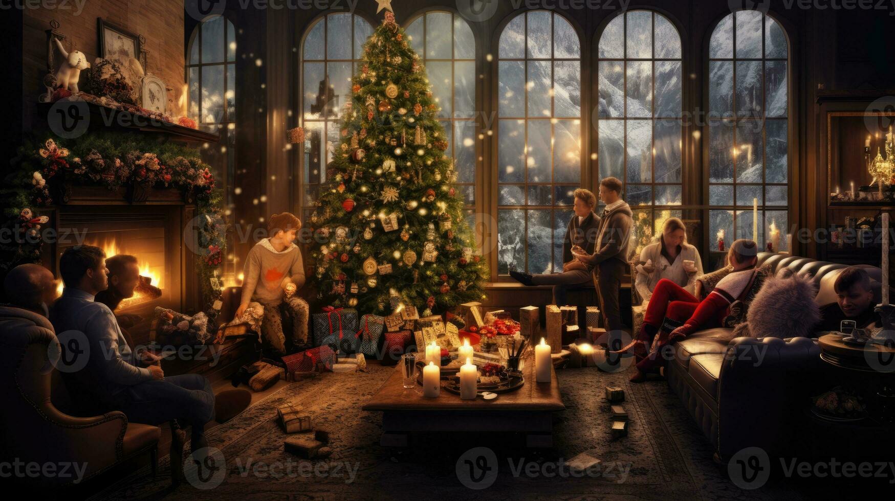 A heartwarming Christmas scene with a cozy living room adorned with twinkling lights, AI Generative photo