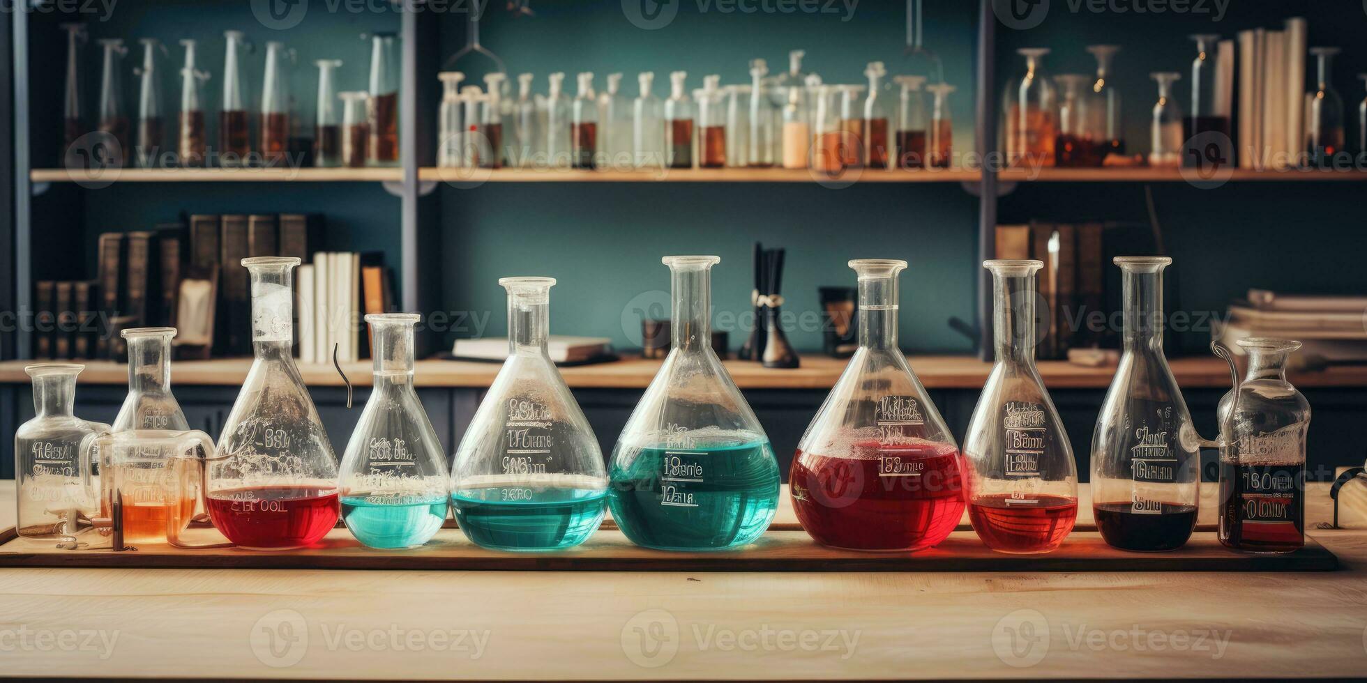 Medical lab banner with transparent glass flask and glassware, AI Generative photo