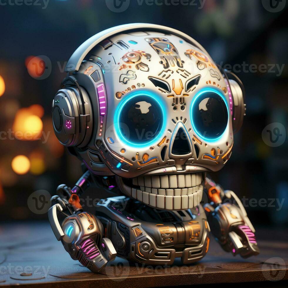 Pixar of a cute skeleton skull image with a robotic texture, AI Generative photo