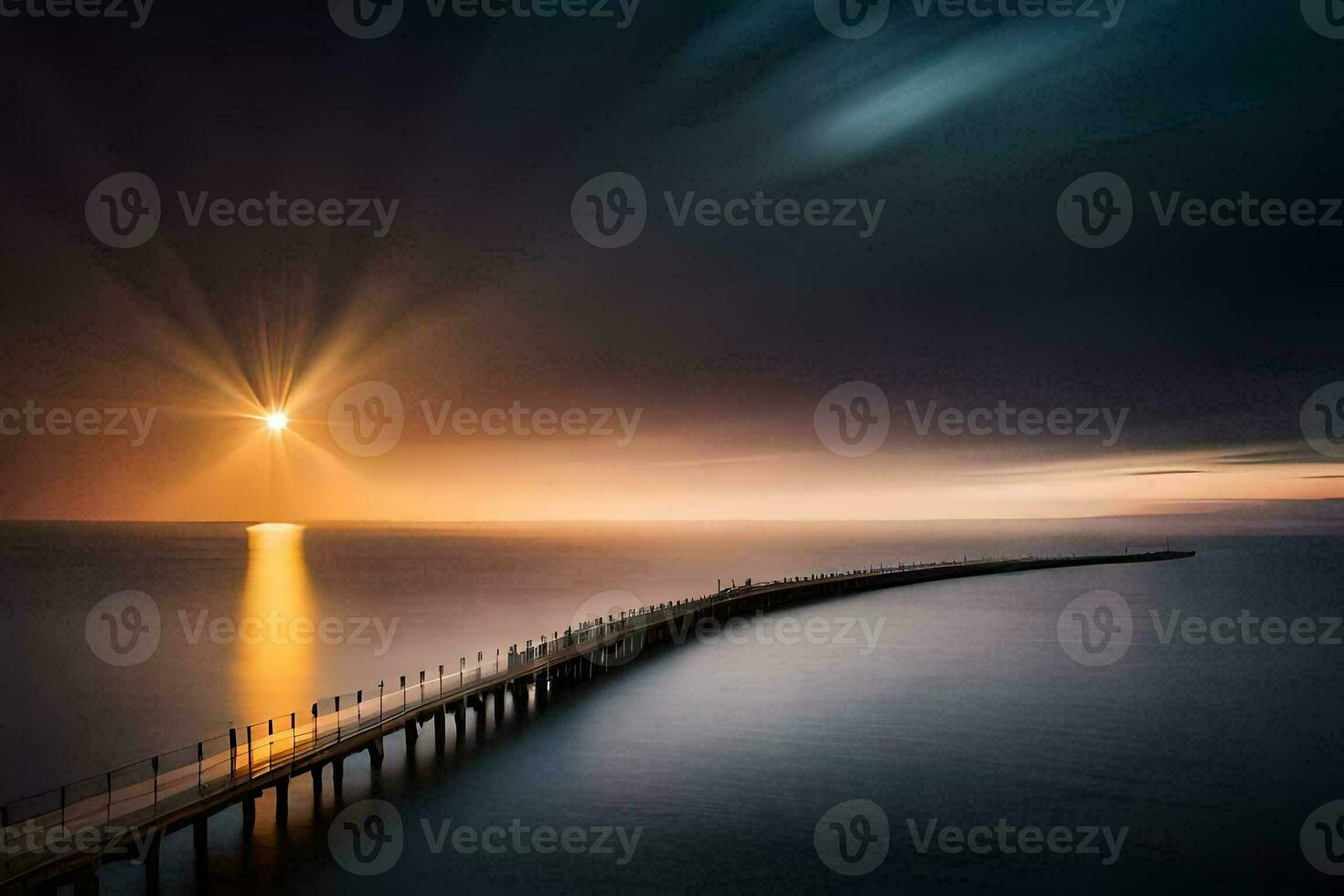 a long pier with a sun shining over it. AI-Generated photo