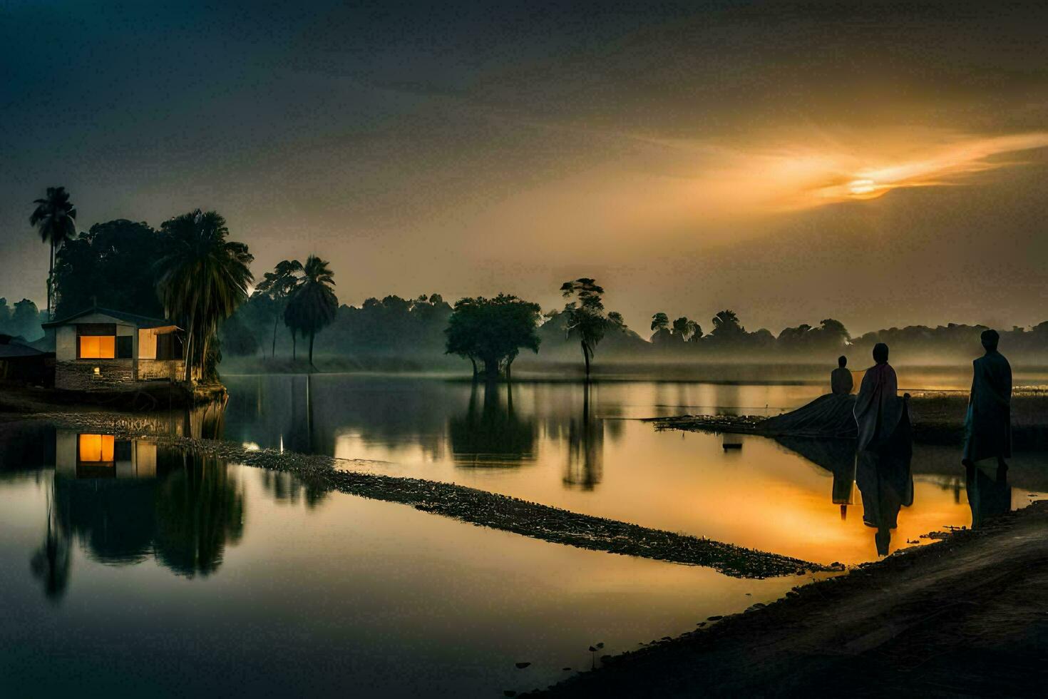 the sun rises over the water in front of a house. AI-Generated photo
