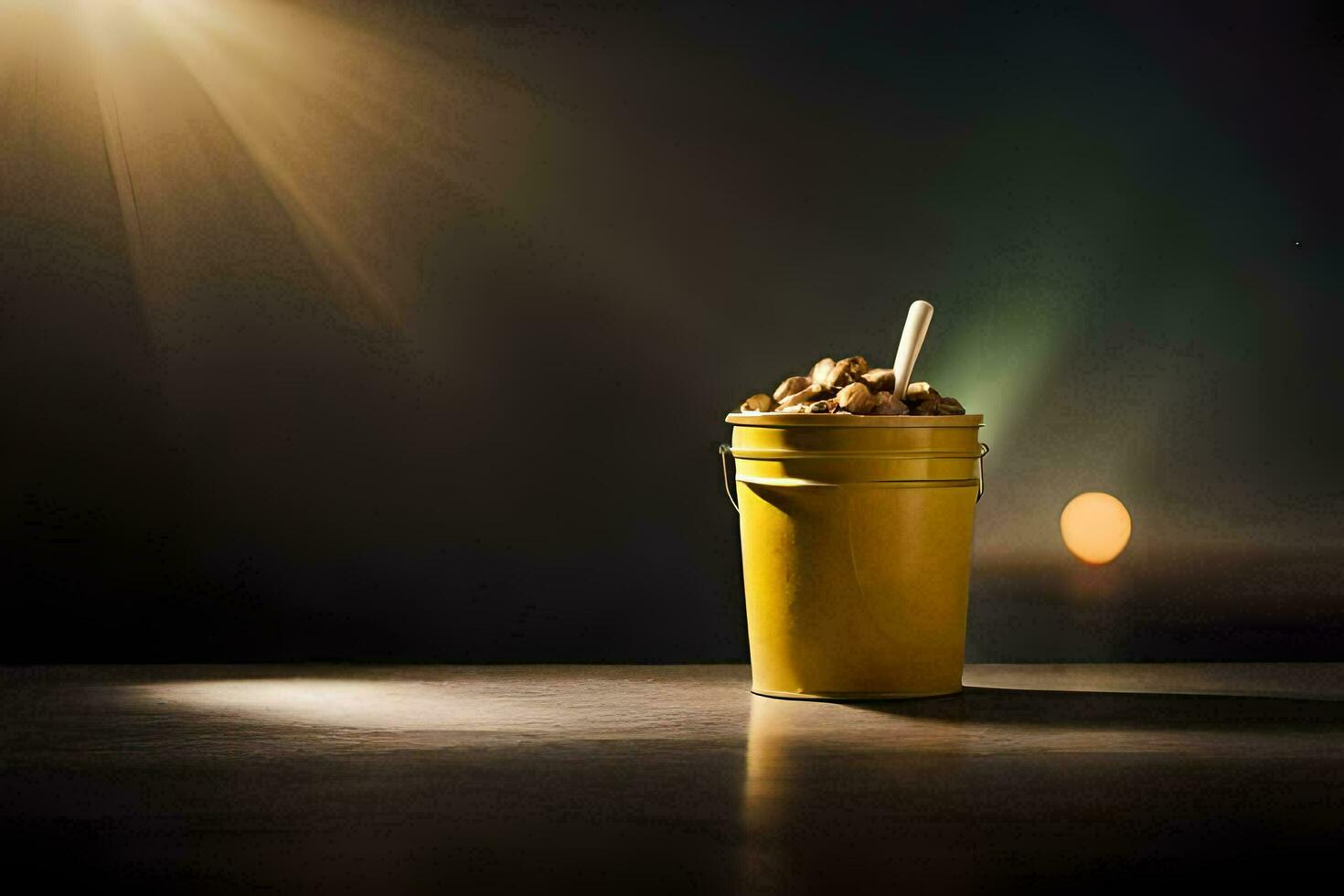 a bucket of ice cream sitting on a table. AI-Generated photo