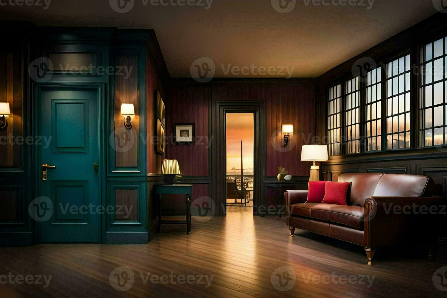 a room with dark wood floors and a red door. AI-Generated photo